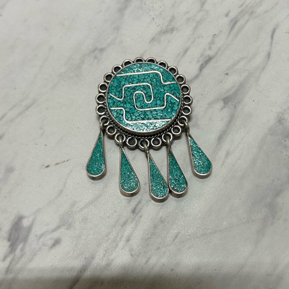 Vintage Southwest Turquoise with 5 Teardrops Alpaca Silver Pendant Brooch Mexico